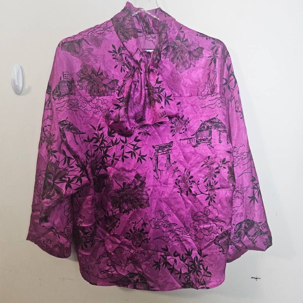 ZARA FUCHSIA JACOUARD SATIN PRINTED JAPANESE BLOUSE SMALL